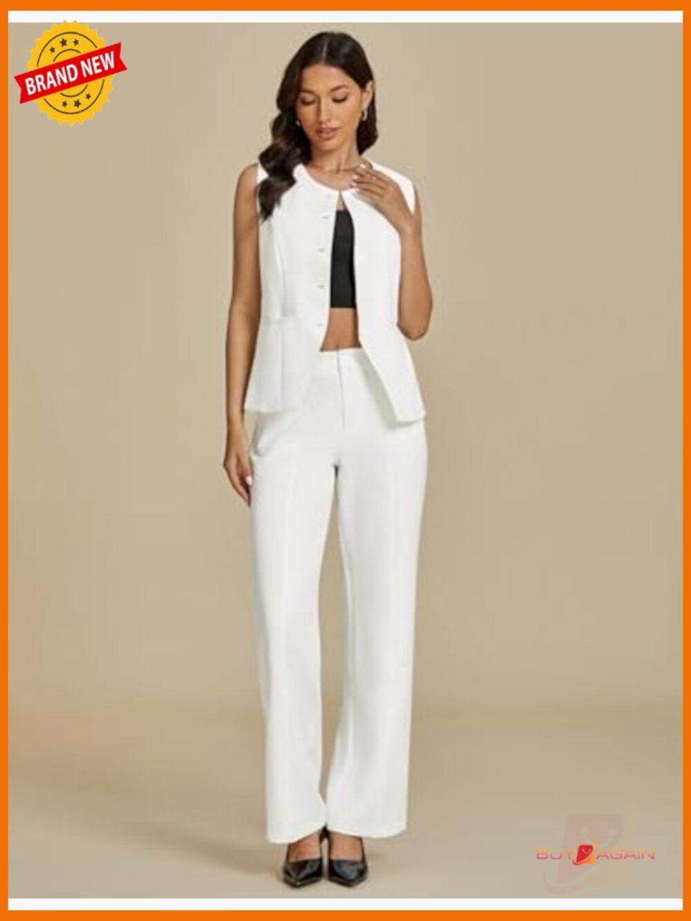 Dressy 2 Piece Pantsuit Set Sleeveless Blazer Wide Leg Pants Business Casual - Picture 4 of 7